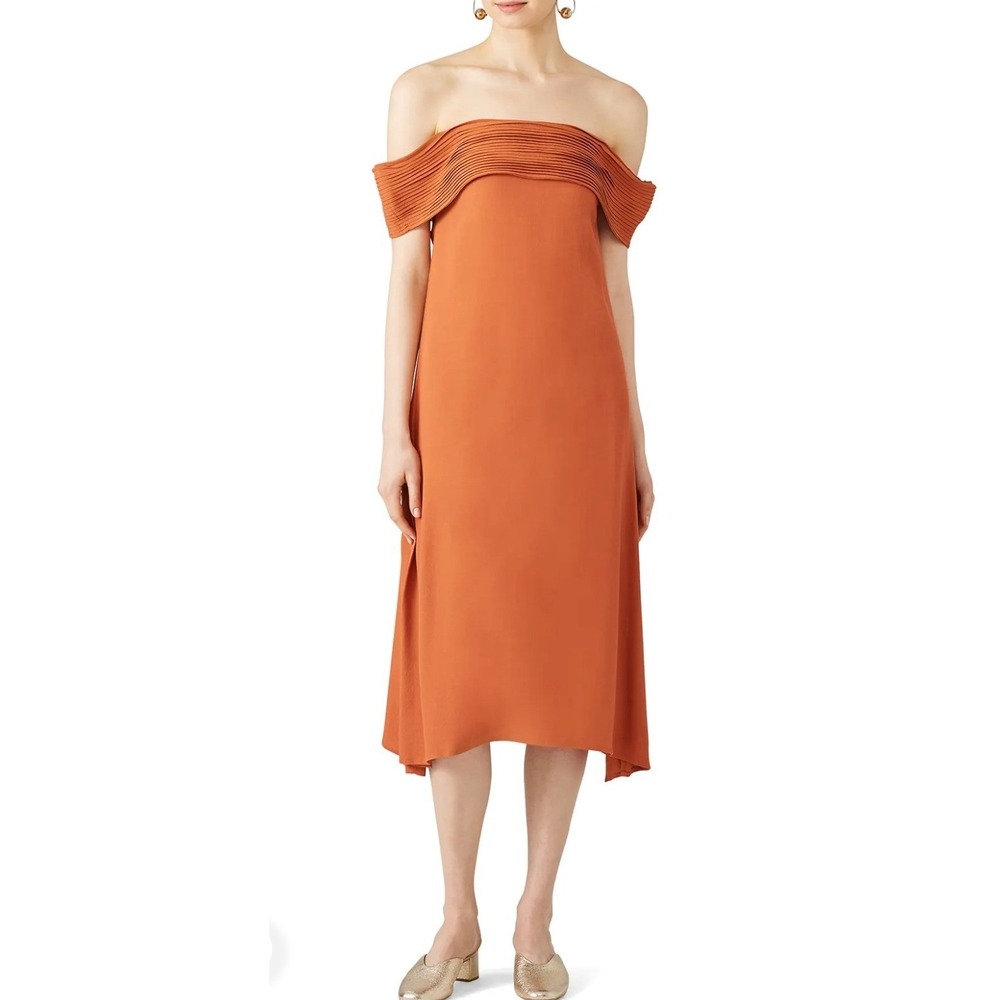 SANCIA Off Shoulder Dress Burnt Orange Pleated Ruffle Midi Cocktail Party